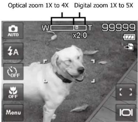 Optical zoom 1X to 4X Digital zoom 1X to 5X W T 99999 x2.0 AUTO A OFF OFF Menu