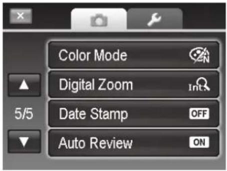 Color Mode Digital Zoom 5/5 Date Stamp OFF Auto Review ON