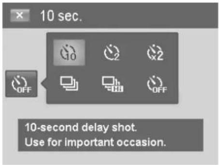 10 sec. 10-second delay shot. Use for important occasion.