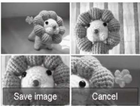 Four-panel black-and-white photo collage showing a knitted sheep toy with a 'Save image' button and a 'Cancel' button (no text or symbols on the main subjects)