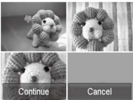 Four-panel grayscale image showing a knitted sheep toy with a knitted hat, each with a button labeled 'Continue' and 'Cancel' (no text or symbols on the main objects)