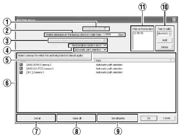 Archives option Delete databases in the backup directory order than 19509 days Send email on archive error 1 Automatic path selection Select cameras for which the archiving/function should apply [4A5 207V] Camera 2 [4A5 213 PHZ] Camera 1 [4C] Camera 3 Auto path selection Auto path selection Auto path selection Auto path selection Set all Clear all Set all paths OK Cancel Time to add: 12:06:00 Add Delete ① ② ③ ④ ⑤ ⑥ ⑦ ⑧ ⑨