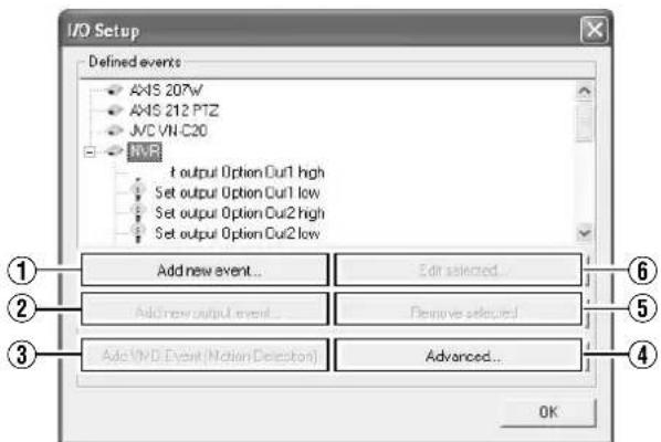 I/O Setup Defined events AXIS 207W AXIS 212 PTZ JVC VN-C20 NVR t output Option Out1 high Set output Option Out1 low Set output Option Out2 high Set output Option Out2 low Add new event... Edit selected... Add new output event... Remove selected... Add VND Event (Notion Deletion) Advanced... OK