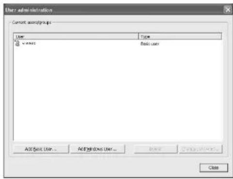 User administration Current assemblages User Type user Basic user Add Basic User... Add Windows User... Class