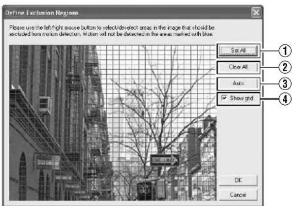 Define Exclusion Regions Please use the left/right mouse button to select/defect areas in the image that should be excluded from motion detection. Motion will not be detected in the areas marked with blue. S or All Clear All Auto Show grid OK Cancel