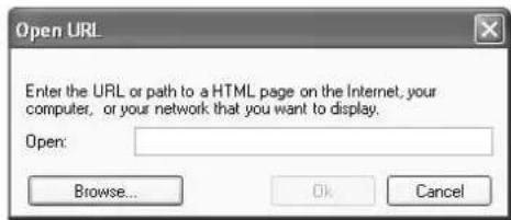 Open URL Enter the URL or path to a HTML page on the Internet, your computer, or your network that you want to display. Open: Browse... Ok Cancel