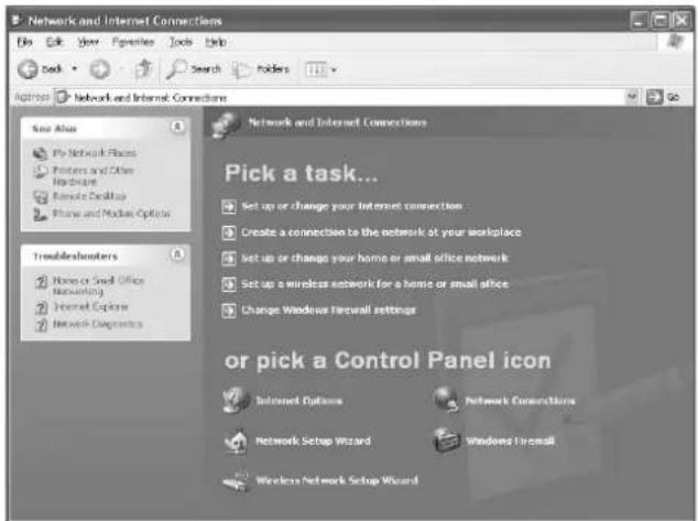 Network and Internet Connections File Edit View Favorites Tools Help Back Search Address Network and Internet Connections Go Save Asks My Network Places Printers and Other Hardware Remote Desktop Phases and Modems Options Troubleshooters Home or Small Office Networking Internet Explorer Network Diagnostics Network and Internet Connections Pick a task... Set up or change your Internet connection Create a connection to the network of your workplace Set up or change your home or small office network Set up a wireless network for a home or small office Change Windows Firewall settings or pick a Control Panel icon Internet Options Network Connections Network Setup Wizard Windows Firewall Wireless Network Setup Wizard