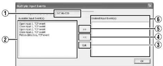 Multiple Input Events TJC MU-C20 Available Input Event(s): Open Input 1, TCP event Close Input 1, TCP event Open Input 2, TCP event Close Input 2, TCP event Motion detection, TCP event Enabled Input Event(s): >> << Edit OK