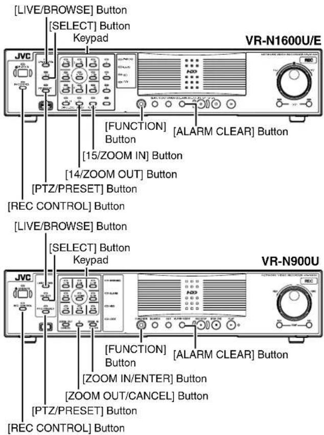 [LIVE/BROWSE] Button [SELECT] Button Keypad JVC VR-N1600U/E [FUNCTION] Button [ALARM CLEAR] Button [15/ZOOM IN] Button [14/ZOOM OUT] Button [PTZ/PRESET] Button [REC CONTROL] Button [LIVE/BROWSE] Button [SELECT] Button Keypad JVC VR-N900U [FUNCTION] Button [ALARM CLEAR] Button [ZOOM IN/ENTER] Button [ZOOM OUT/CANCEL] Button [PTZ/PRESET] Button [REC CONTROL] Button