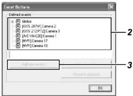 Event Buttons Defined events Global [AXIS 207W] Camera 2 [AXIS 212 PTZ] Camera 3 [AVC VII-C20] Camera 1 [NVR] Camera 17 [NVR] Camera 18 Add Event... Remove selected OK