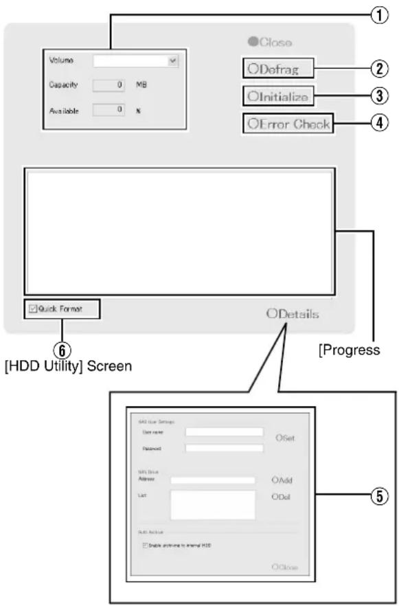 Volume Capacity 0 MB Available 0 N ① Close ODefrag OInitialize OError Check ② ③ ④ Quick Format ODetails [Progress] [HDD Utility] Screen ⑥ ⑤ HDD User Settings User name Password MRL Drive Address List OSet OAdd ODel Quick Unlock Double continue to internal HDD OClose