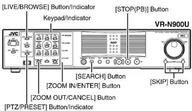 [LIVE/BROWSE] Button/Indicator Keypad/Indicator [STOP(PB)] Button VR-N900U JVC [SEARCH] Button [ZOOM IN/ENTER] Button [ZOOM OUT/CANCEL] Button [PTZ/PRESET] Button/Indicator [SKIP] Button