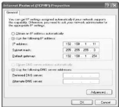 Internet Protocol (TCP/IP) Properties General You can get IP settings assigned automatically if your network supports this capability. Otherwise, you need to ask your network administrator for the appropriate IP settings. ○ Brain an IP address automatically ○ Use the following IP address: IP address: 152 150 1 11 Submit mask: 255 255 255 0 Default gateway: 152 150 1 254 ○ Brain DNS server address automatically ○ Use the following DNS server addresses: Deleted DNS server: Alternate DNS server: Advanced... OK Cancel