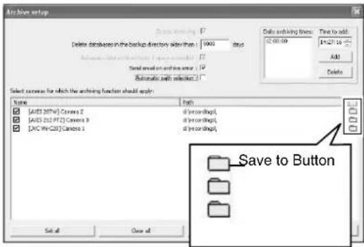 Archive setup Delete database in the backup directory partition: 10000 steps Add to add: 14x27.16 Add Delete Select courses for which the arching function should apply: Name Page [AVES 257V] Camera 2 if (yes or drops), [AVES 252 PT2] Camera 3 if (yes or drops), [AVC Win-C20] Camera 1 if (yes or drops),