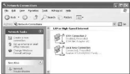 Network Connections Edit Edit View Favorites Tools Advanced Help Back Search Folders Network Connections Network Tasks Create a new connection Set up a home or small office network Change Windows Firewall settings See Also snetwork Troubleshoots LAN or High-Speed Internet 1394 Connection 2 Connected, Prespecified 1394 Net Adapter A2 Local Area Connection Connected, Prespecified Realtek RTL016A/0110 Family ...