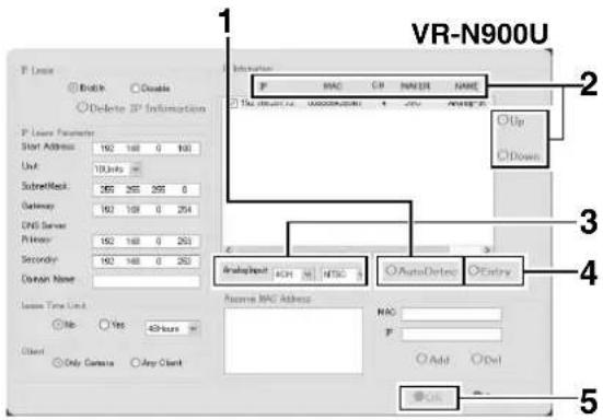 VR-N900U 1 2 3 4 5 P Line ○ Attach ○ Enable ○ Delete IP Information P Line Parameter Start Address 192 168 0 990 Unit: 10 units Substack: 265 265 265 0 Gateway: 192 168 0 254 DNS Server Primary: 192 168 0 263 Secondary: 192 168 0 263 Domain Name: License Time Unit: ○ No ○ Yes -40 hours ○ Client ○ Only Camera ○ Any Client Information IP MAC OR NAME □ No Account No APPSUPPORT □ OK/Cancel □ Add □ Out ○ Up ○ Down ○ AutoDelete ○ Entry Access MAC Address MAC P Add ○ Out