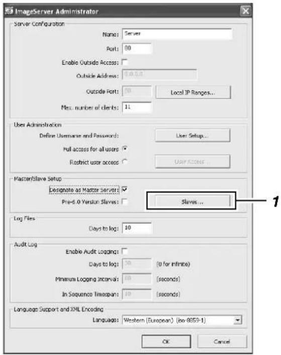 ImageServer Administrator Server Configuration Name: Server Port: 80 Enable Outside Access: Outside Address: 0.0.5.1 Outside Port: 00 Local IP Ranges... Nec. number of clients: 11 User Administration Define Username and Password: User Setup... Pull access for all users Restrict user access: User Access... Master/Slave Setup Designate as Master Server: Pre-5.0 Version Slaves: Slaves... Log Files Days to log: 10 Audit Log Enable Audit Logging: Days to log: 30 (0 for infinite) Minerum Logging Interval: 40 (seconds) In Sequence Timespan: 10 (seconds) Language Support and XML Encoding Language: Western (European) (iso-8659-1) OK Cancel