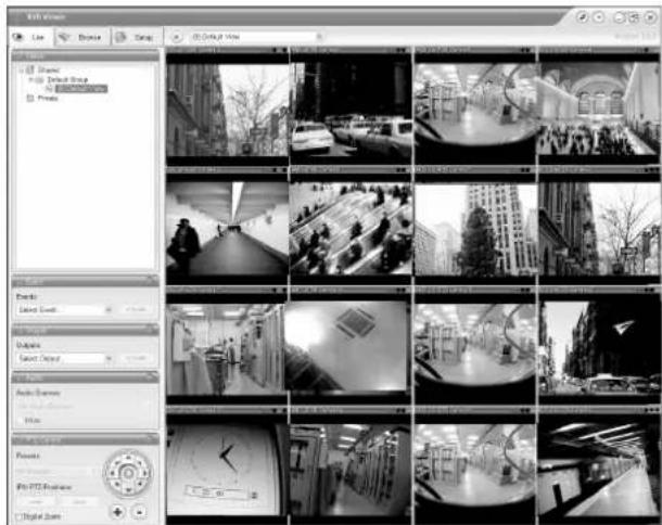 Screenshot of a video editing software interface displaying multiple grayscale surveillance feeds with city street scenes and camera controls.
