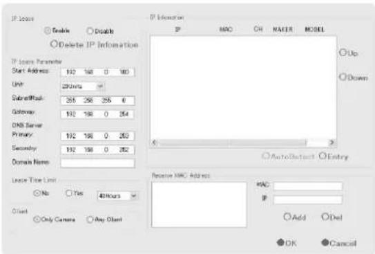 IP Location Enable Disable Delete IP Information IP Loan Parameter Start Address: 102 100 0 100 Unit: 20 Units Subtotal: 255 256 255 0 Gateway: 192 198 0 354 DNS Server Primary: 192 198 0 252 Secondary: 192 198 0 252 Domain Name: AutoDetect Entry Receive MAC Address: No Yes 48 Hours Client Only Camera Any Client Add Del OK Cancel