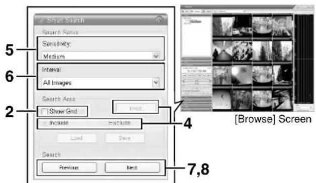 Smart Search Search Ratio Sensitivity: Medium Interval: All Images Search Area Show Grid Include Include Load Save Search Previous Next [Browse] Screen 7,8