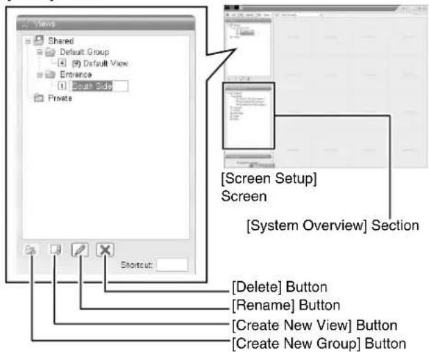 Views Shared Default Group (4) Default View Entrance (1) Second Side Private [Screen Setup] Screen [System Overview] Section Shortcut: [Delete] Button [Rename] Button [Create New View] Button [Create New Group] Button