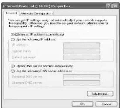 Internet Protocol (TCP/IP) Properties General Alternate Configuration You can get IP settings assigned automatically if your network supports this capability. Otherwise, you need to ask your network administrator for the appropriate IP settings. ○ Obtain or IP address automatically ○ Use the following IP address: IP address: ________ System name: ________ Default gateway: ________ ○ Obtain DNS server address automatically ○ Use the following DNS server addresses: Delivered DNS server: ________ Alternate DNS server: ________ Advanced... OK Cancel