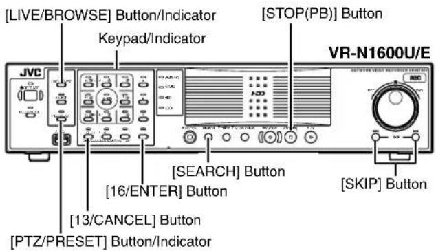 [LIVE/BROWSE] Button/Indicator [STOP(PB)] Button Keypad/Indicator JVC VR-N1600U/E [SEARCH] Button [16/ENTER] Button [SKIP] Button [13/CANCEL] Button [PTZ/PRESET] Button/Indicator