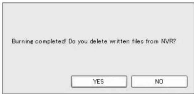 Burning completed! Do you delete written files from NVR? YES NO