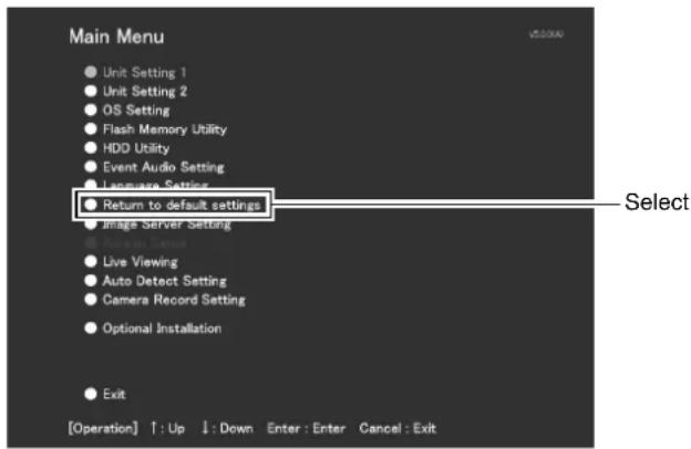 Main Menu Unit Setting 1 Unit Setting 2 OS Setting Flash Memory Utility HDD Utility Event Audio Setting Language Setting Return to default settings Image Server Setting Live Viewing Auto Detect Setting Camera Record Setting Optional Installation Exit [Operation] ↑: Up ↓: Down Enter: Enter Cancel: Exit
