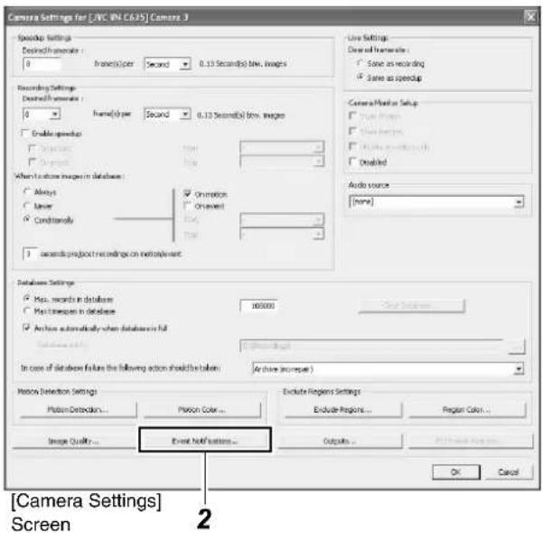 Camera Settings for [JNC (JN C625)] Camera 3 Speedup Settings Desired frames: 0 frame(s)per Second 0.13 Seconds(s) low images Recording Settings Desired frames: 0 frame(s)per Second 0.13 Second(s) low images Enable speedup On set On set After display image in database Always Layer Conditionally Convection Onset Onset 3 seconds project recordings on multilevel Database Settings Max. records in database Max. times per in database Archive automatically when database is full In case of database failure the following action should be below: Archive (increase) Motion Detection Settings Motion Detection... Motion Color... Image Quality... Event Next/first... Exclude Regions Settings Exclude Regions... Region Colors... Outsets... OK Cancel [Camera Settings] Screen 2