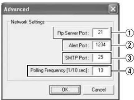 Advanced Network Settings Ftp Server Port : 21 Alert Port : 1234 SMTP Port : 25 Polling Frequency [1/10 sec] : 10 OK Cancel