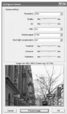 Configure Devices Camera settings Resolution: 0.05 Quality: Min - / Max Size: Max - / Max ABC: 0% Shrink speed: 1.63 Back light compression: 0% Predicted: Min - / Max Enhancement: Min - / Max Subspecies: Min - / Max Image size is set to 88 (Frame avg. 32.24ft) Cancel Preview Image OK