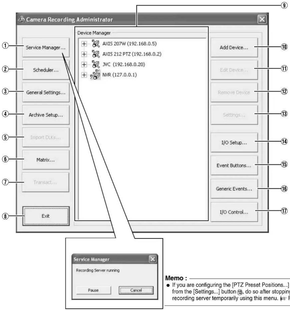 Camera Recording Administrator Device Manager AXIS 207W (192.168.0.5) AXIS 212 PTZ (192.168.0.2) JVC (192.168.0.20) NVR (127.0.0.1) Add Device... Edit Device... Remove Device Settings... I/O Setup... Event Buttons... Generic Events... I/O Control... Service Manager Recording Server running Pause Cancel Memo : • If you are configuring the [PTZ Preset Positions...] from the [Settings...] button (13), do so after stopping recording server temporarily using this menu. (F) P