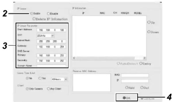IP Delete IP Information IP Usea Parameter Start Address: 192 108 0 100 Unit: 23Units Subset Mask: 255 256 255 0 Gateway: 192 108 0 254 DNS Server Primary: 192 108 0 253 Secondary: 192 108 0 252 Domain Name: Lease Time Limit No Yes 49-hour Client Only Camera Any Client Information IP NAG CH MAKER MODEL Up Down AutoDetect Entry Passive NAC Address NAD IP Add Def OK