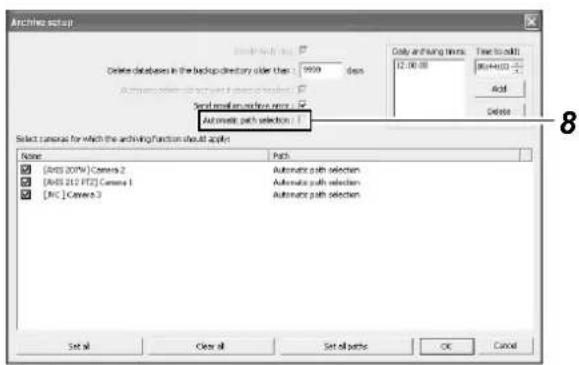 Archiving setup Delete database in the backup directory older than 1 9999 days AutoCAD file path selection Send read on surface rows: Automatic path selection | Select camera for which the archiving function should apply: Name Pass [005 (20%) Camera 2] Automatic path selection [005 (21) F72) Camera 1] Automatic path selection [01] Camera 3 Automatic path selection Set all Clear all Set all parts Cancel Cancel