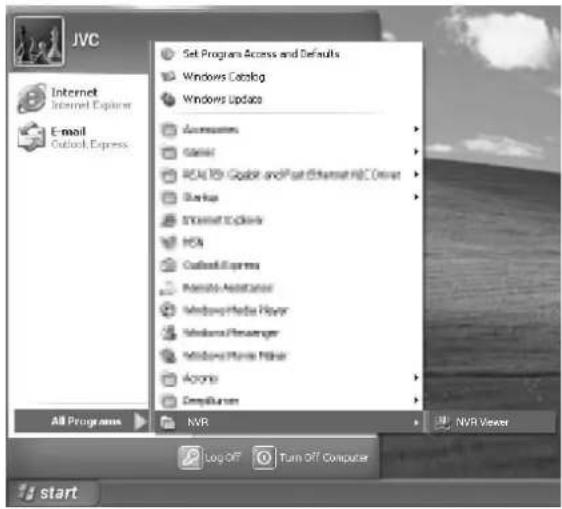 JVC Internet Internet Explorer E-mail Outlook Express Set Programs Access and Defaults Windows Catalog Windows Update Accessories General REAL/FOX Quick and Past Ethernet HLC Reset Status STANDARD EX Clark HCA Outlook Express Memory Assistance Windows Media Player Windows Remote Windows Movie Player Acqnio Demallware NVR Viewer Log Off Turn Off Computer All Programs NVR