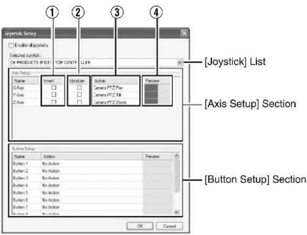 [Joystick] List [Axis Setup] Section [Button Setup] Section
