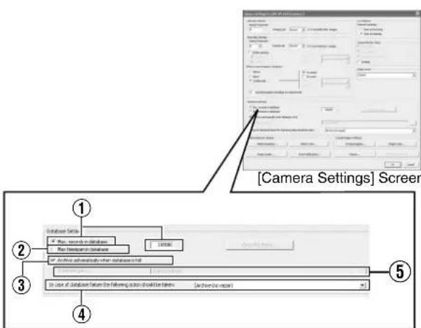 [Camera Settings] Screen Database Setup Max. security in database Run Transport in database Active as properly what database is full In case of database failure (if following action should be taken) Archive this record)