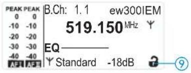 PEAK PEAK 0 0 -10 -10 -20 -20 -30 -30 -40 -40 AET AET B.Ch: 1.1 ew300IEM 519.150 MHz Y EQ Y Standard -18dB 3 ⑨