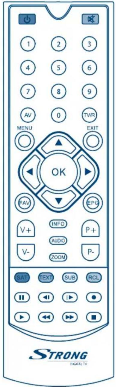 1 2 3 4 5 6 7 8 9 AV 0 TV/R MENU EXIT OK FAV EPG V+ INFO P+ AUDIO V- ZOOM P- SAT TEXT SUB RCL STRONG DIGITAL TV