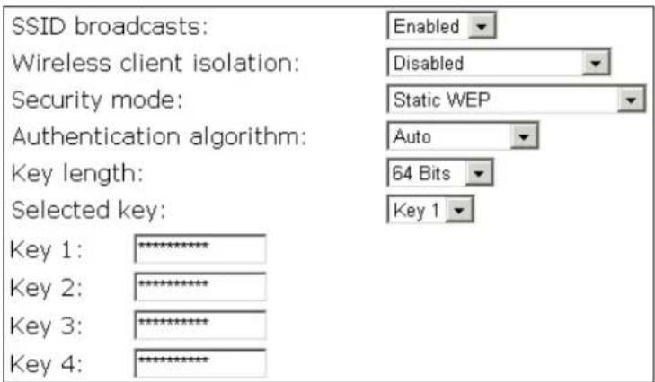 SSID broadcasts: Wireless client isolation: Security mode: Authentication algorithm: Key length: Selected key: Key 1: ******** Key 2: ******** Key 3: ******** Key 4: ********
