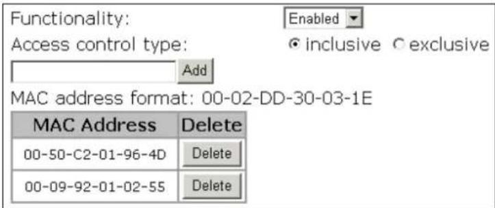 Functionality: Enabled Access control type: inclusive C exclusive Add MAC address format: 00-02-DD-30-03-1E MAC Address Delete 00-50-C2-01-96-4D Delete 00-09-92-01-02-55 Delete