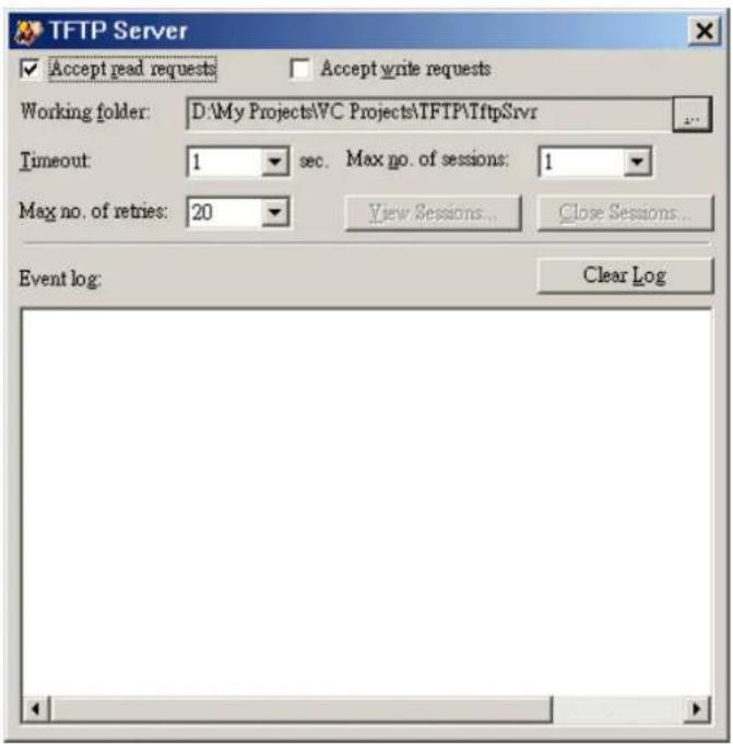 TFTP Server Accept read requests Accept write requests Working folder: D:\My Projects\VC Projects\TFTP\TftpSrvr Timeout: 1 sec. Max no. of sessions: 1 Max no. of retries: 20 View Sessions... Close Sessions... Event log: Clear Log