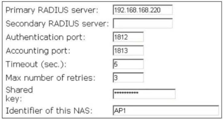 Primary RADIUS server: 192.168.168.220 Secondary RADIUS server: Authentication port: 1812 Accounting port: 1813 Timeout (sec.): 5 Max number of retries: 3 Shared key: ********** Identifier of this NAS: AP1