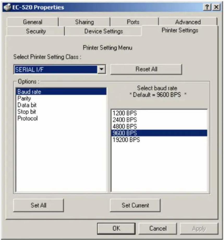 EC-520 Properties General Sharing Ports Advanced Security Device Settings Printer Settings Printer Setting Menu Select Printer Setting Class : SERIAL I/F Reset All Options : Baud rate Select baud rate Parity * Default = 9600 BPS * Data bit Stop bit Protocol 1200 BPS 2400 BPS 4800 BPS 9600 BPS 19200 BPS Set All Set Current OK Cancel Apply