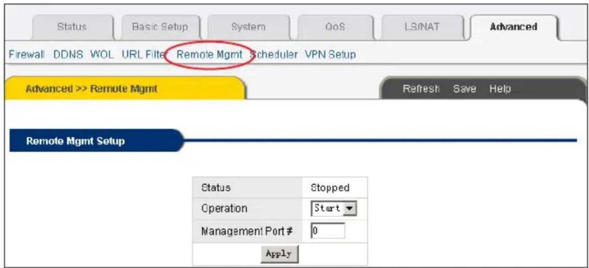Status Basic Setup System QoS LS/NAT Advanced Firewall DDNS WOL URL Filter Remote Mgmt Scheduler VPN Setup Advanced >> Remote Mgmt Refresh Save Help Remote Mgmt Setup Status Stopped Operation Start Management Port # 0 Apply