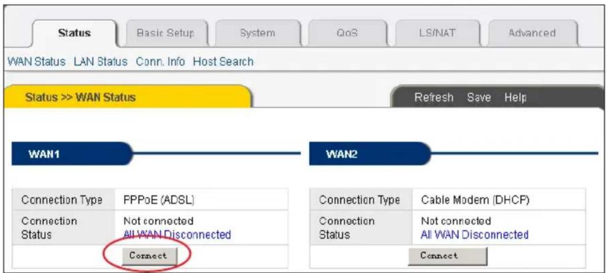 Status Basic Setup System QoS LS/NAT Advanced WAN Status LAN Status Conn. Info Host Search Status >> WAN Status Refresh Save Help WAN1 WAN2 Connection Type PPPoE (ADSL) Connection Status Not connected All WAN Disconnected Connect Connection Type Cable Modem (DHCP) Connection Status Not connected All…