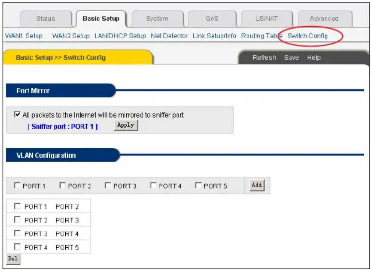 Status Basic Setup System QoS LS/NAT Advanced WAN1 Setup WAN2 Setup LAN/DHCP Setup Net Detector Link Setup/Info Routing Table Switch Config Basic Setup >> Switch Config Refresh Save Help Port Mirror ✓ All packets to the Internet will be mirrored to sniffer port [ Sniffer port : PORT 1 ] Apply VLAN C…