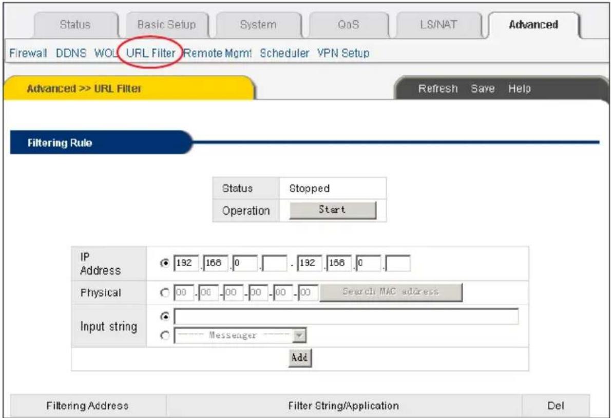Status Basic Setup System QoS LS/NAT Advanced Firewall DDNS WOL URL Filter Remote Mgmt Scheduler VPN Setup Advanced >> URL Filter Refresh Save Help Filtering Rule Status Stopped Operation Start IP Address 192 .168 .0 . . . . 192 .168 .0 . Physical 00 .00 .00 .00 .00 .00 Search MAC address Input stri…