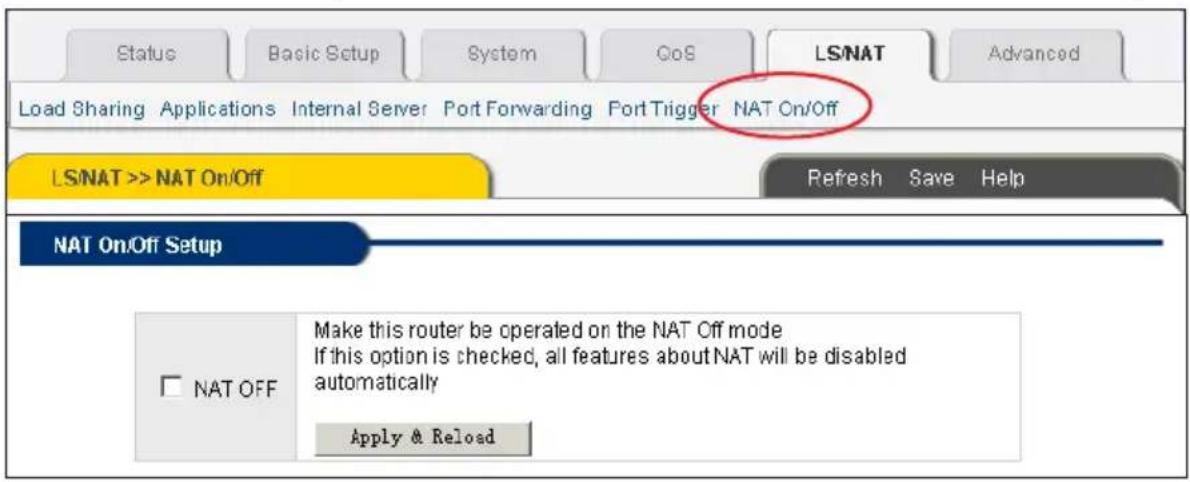 Status Basic Setup System GoS LS/NAT Advanced Load Sharing Applications Internal Server Port Forwarding Fort Trigger NAT On/Off LS/NAT >> NAT On/Off Refresh Save Help NAT On/Off Setup □ NAT OFF Make this router be operated on the NAT Off mode If this option is checked, all features about NAT will be…